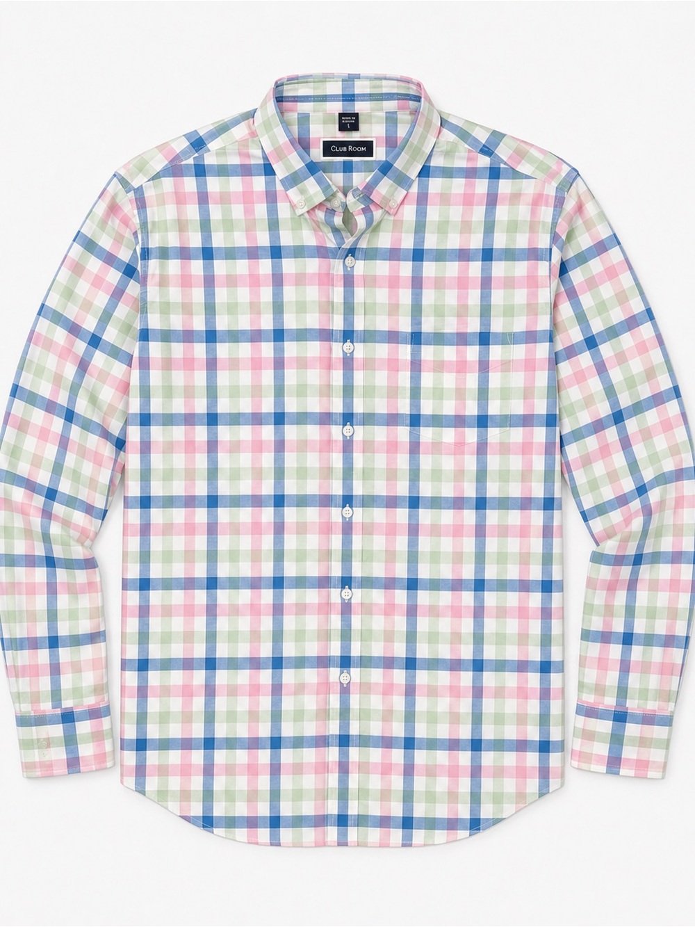 Club Room Mens Gingham Plaid Button Down Dress Shirt Blue/Pink/Green Size L
